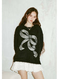 Bow-knot Plush Knitted Relaxed-fit Crewneck Sweater