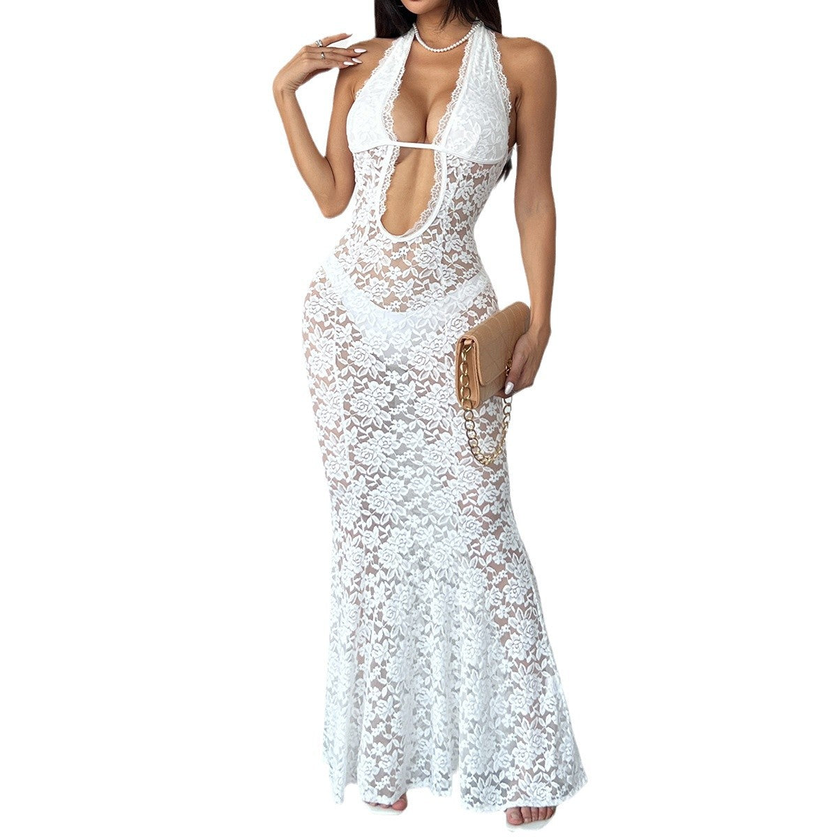 Women's Sexy Lace Hollow-Out Halter Dress