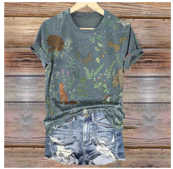 Fashionable Printed Slim-Fit Short-Sleeve Womens Top