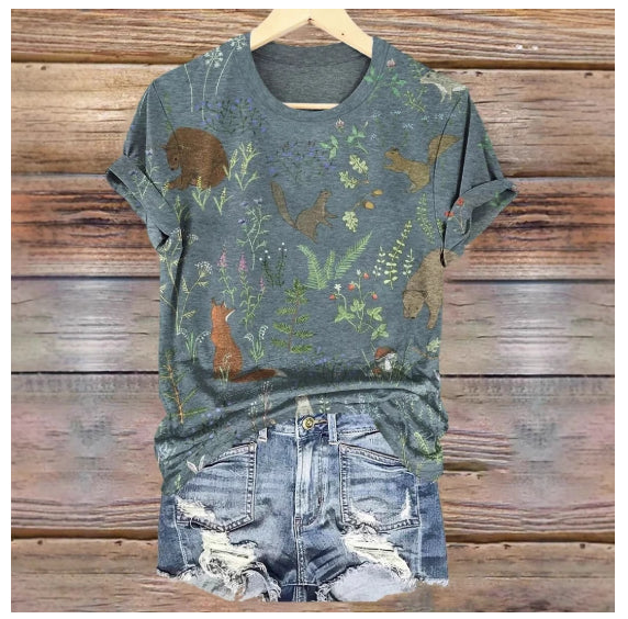 Fashionable Printed Slim-Fit Short-Sleeve Womens Top