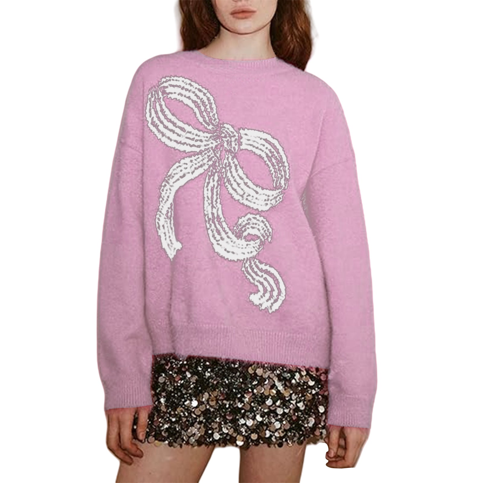 Bow-knot Plush Knitted Relaxed-fit Crewneck Sweater