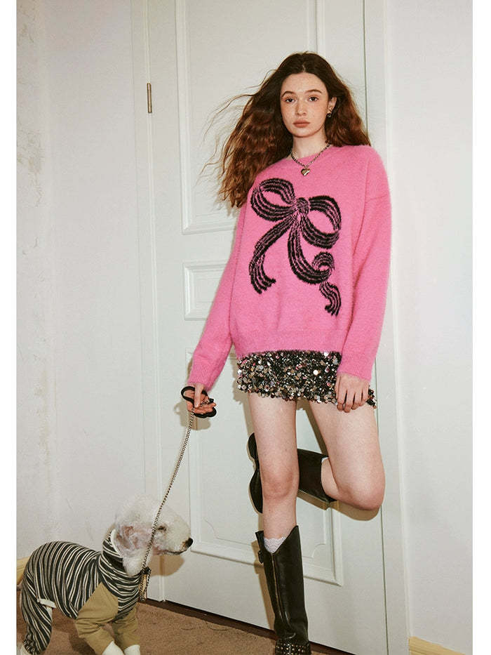 Bow-knot Plush Knitted Relaxed-fit Crewneck Sweater