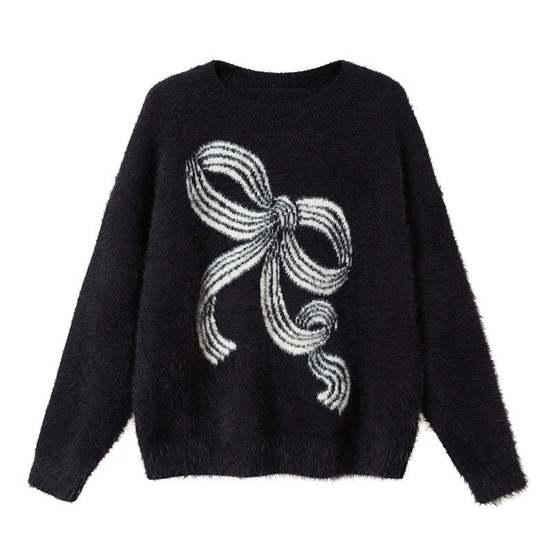 Bow-knot Plush Knitted Relaxed-fit Crewneck Sweater