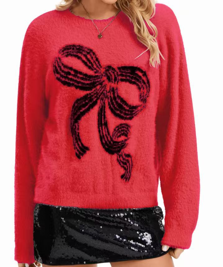 Bow-knot Plush Knitted Relaxed-fit Crewneck Sweater