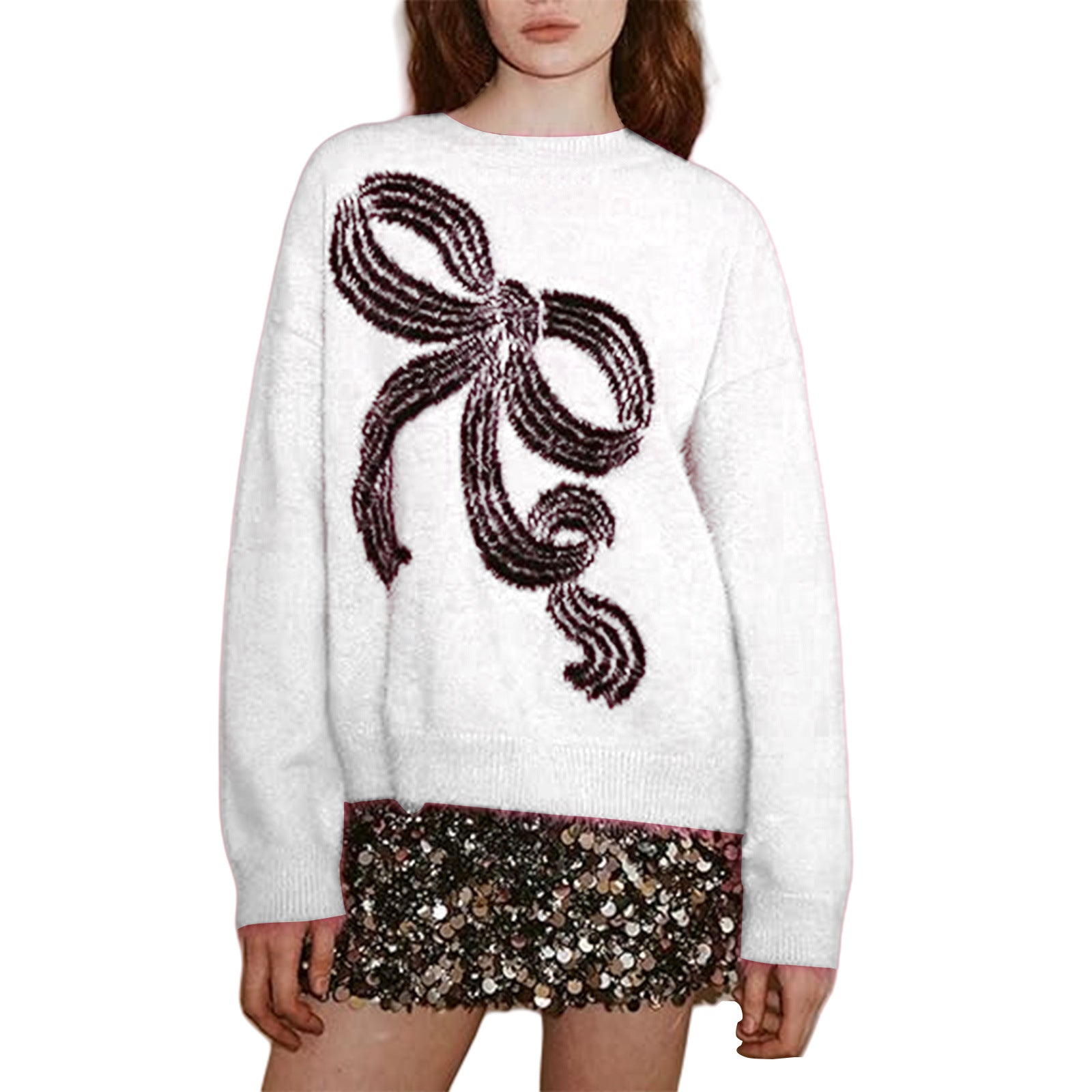 Bow-knot Plush Knitted Relaxed-fit Crewneck Sweater